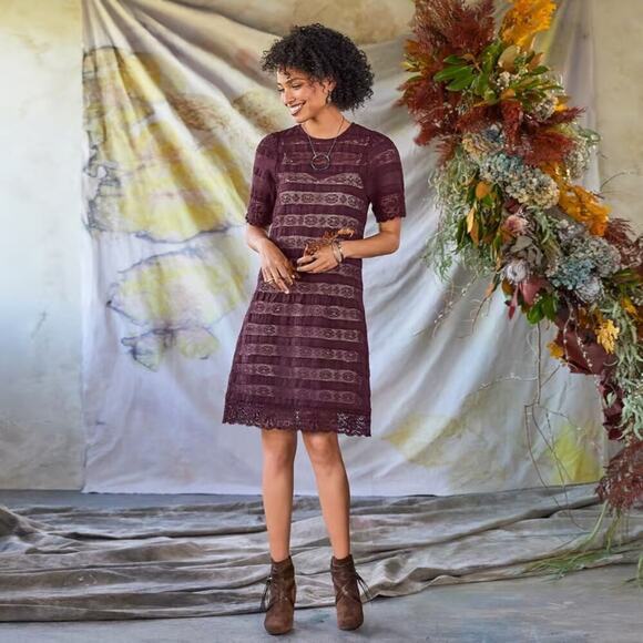 Sundance Lyrica Purple Crochet Lace Shadow Stripe Shift Dress SZ 4P - Picture 1 of 8